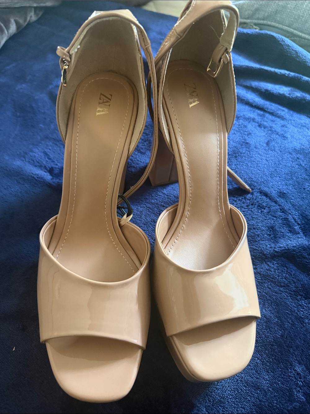 Zara Beige Patent Block Heel Sandals with Ankle Strap